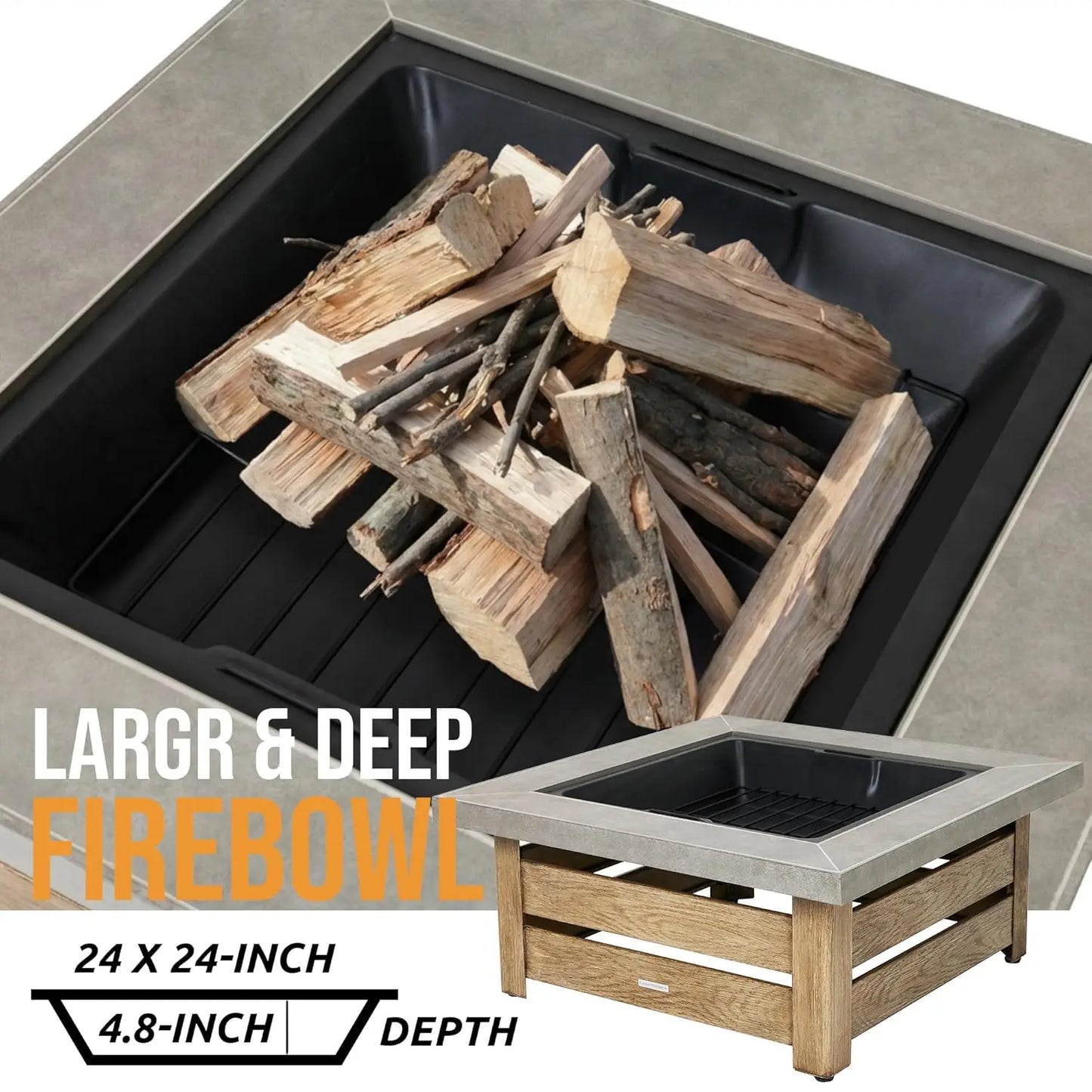 Firepits for Outside，Wood Burning Fire Pit with Wood-Grain Side Panels,Firepit for Outside with Mesh Cover & Fire, Customized