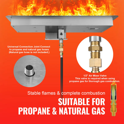 VEVOR 30 x 10 in Drop-in Fire Pit Pan Rectangular Stainless Steel Fire Pit Burner Kit Natural & Propane Gas Fire Pan 125000 BTU
