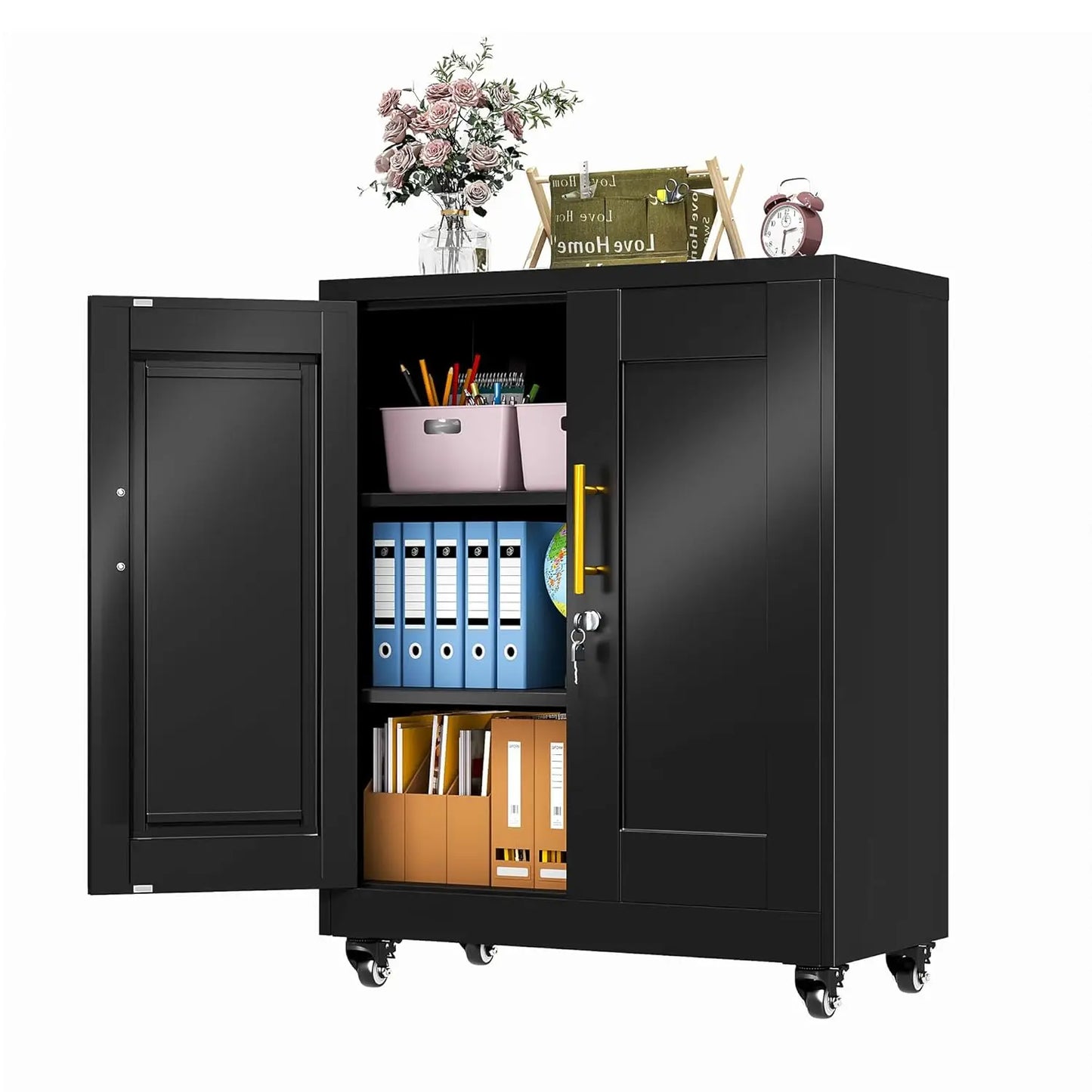 35" Metal Storage Cabinet with Lock and Wheels, Lockable Office File Cabinet with 2 Doors and 2 Adjustable Shelves, Customized