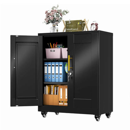 35" Metal Storage Cabinet with Lock and Wheels, Lockable Office File Cabinet with 2 Doors and 2 Adjustable Shelves, Customized
