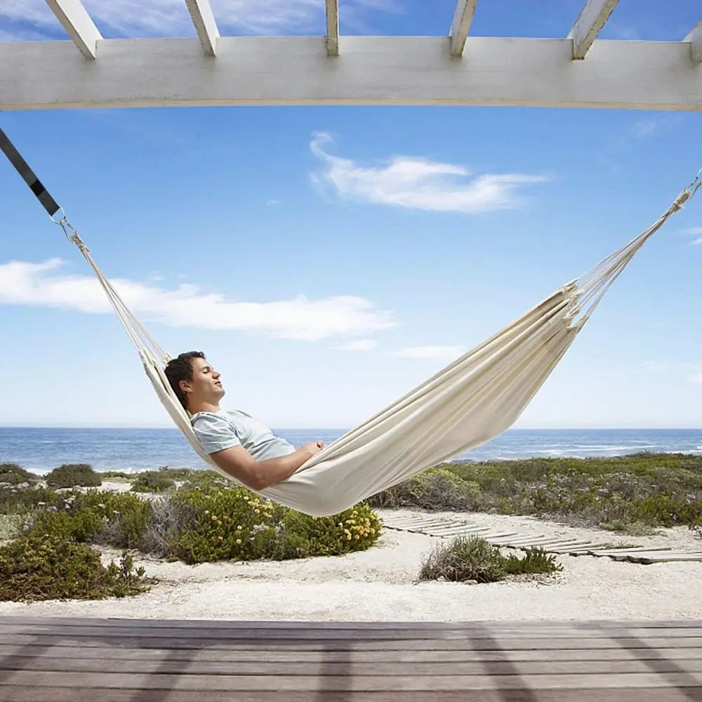 Portable Double Hammock with Tree Straps for Outdoor, Indoor, Patio, and Backyard Use (Beige White)