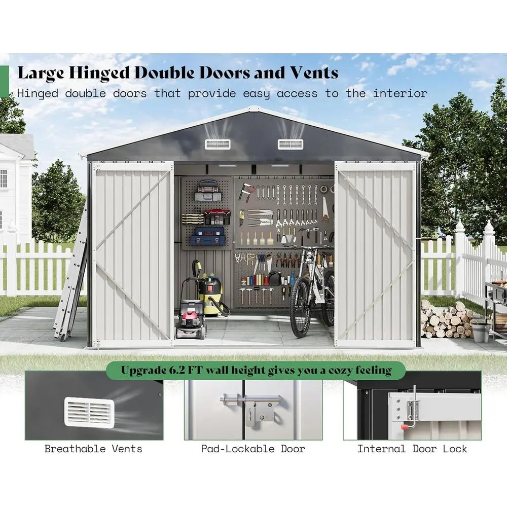 10x12x7ft Outdoor Metal Storage Shed with 2 Clear Panels, Hinged Doors, 2 Windows & 4 Vents, Reinforced Steel, Gray