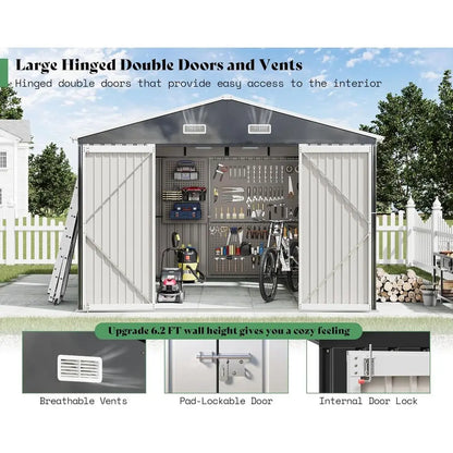 10x12x7ft Outdoor Metal Storage Shed with 2 Clear Panels, Hinged Doors, 2 Windows & 4 Vents, Reinforced Steel, Gray
