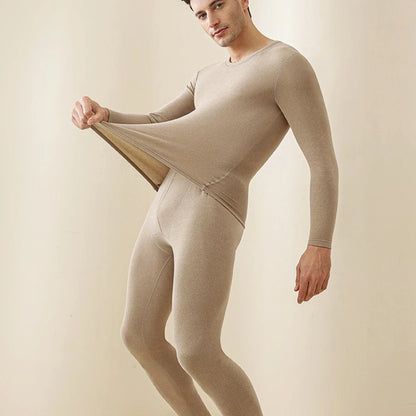 Men's Winter Underwear Set Warm Fleece Lined T Shirt Thick Crew Neck Solid Basic Pants Two Pieces Thermal Underwear Clothing