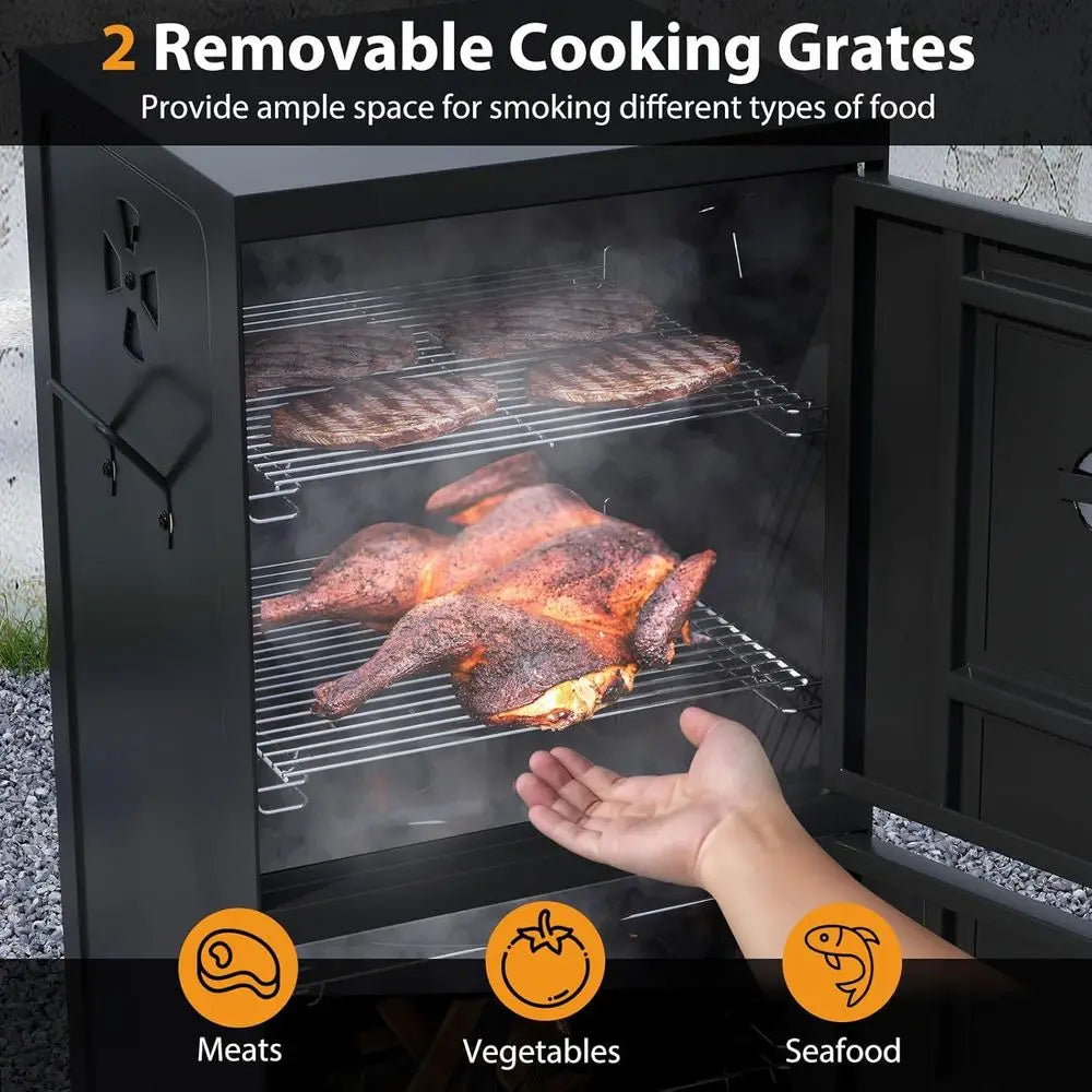 Outdoor Veal BBQ Smoker with 2 Access Doors, 2 Grills, Removable Pans, and 4 Air Vents for Meat Smoking and Backyard Parties