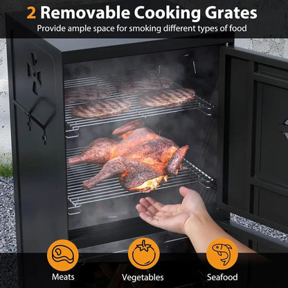 Outdoor Veal BBQ Smoker with 2 Access Doors, 2 Grills, Removable Pans, and 4 Air Vents for Meat Smoking and Backyard Parties