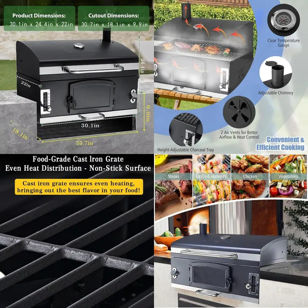 Premium Charcoal BBQ Grill with Lighted Tray, Insulated Hood, and Temperature Gauge for Outdoor Kitchens and Camping