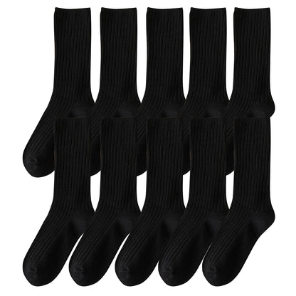 10Pairs Retro Women Cotton Loose Socks Autumn Winter Knitting Solid Color Long Black Pink Student Girls Sock US5-9