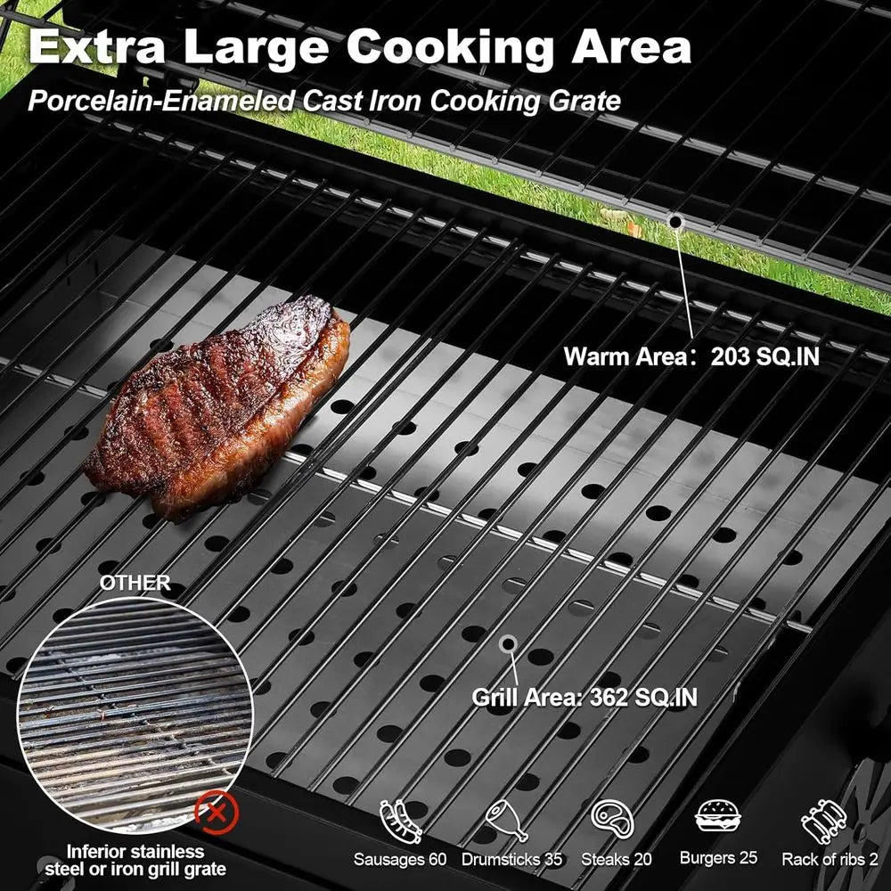 Portable Wood-Burning Grill with Side Table, 338 Sq. In. BBQ Area, Adjustable Charcoal Racks, and Thermometer for Outdoor Cookin