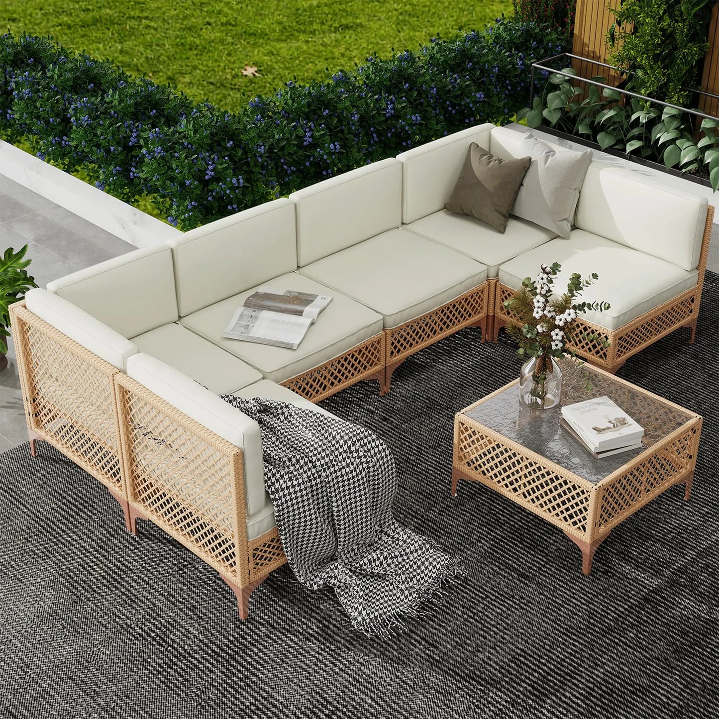 Outdoor Patio Furniture Set,Boho Patio Conversation Sectional Sofa with Large Tempered Glass Coffee Table and Waterproof Cushion