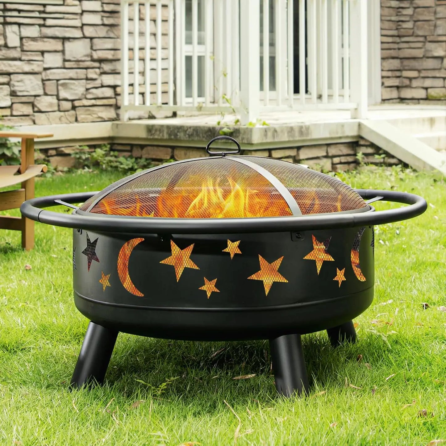 32 Inch Round Fire Pit with Mesh Cover, Fire Poker, Star and Moon Design, Metal Wood Burning Outdoor Firepit for, Customized