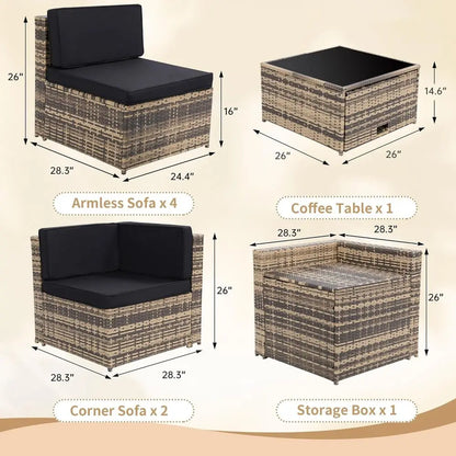 8-Piece Outdoor Wicker Sectional Patio Furniture Set with Cushions and Glass Top Table