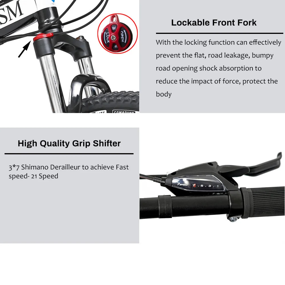 26" Mountain Bike for Adults, 21-Speed Dual Suspension Bicycle, Adjustable Disc Brakes, High-Carbon Steel Frame
