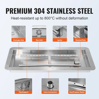 VEVOR 30 x 10 in Drop-in Fire Pit Pan Rectangular Stainless Steel Fire Pit Burner Kit Natural & Propane Gas Fire Pan 125000 BTU