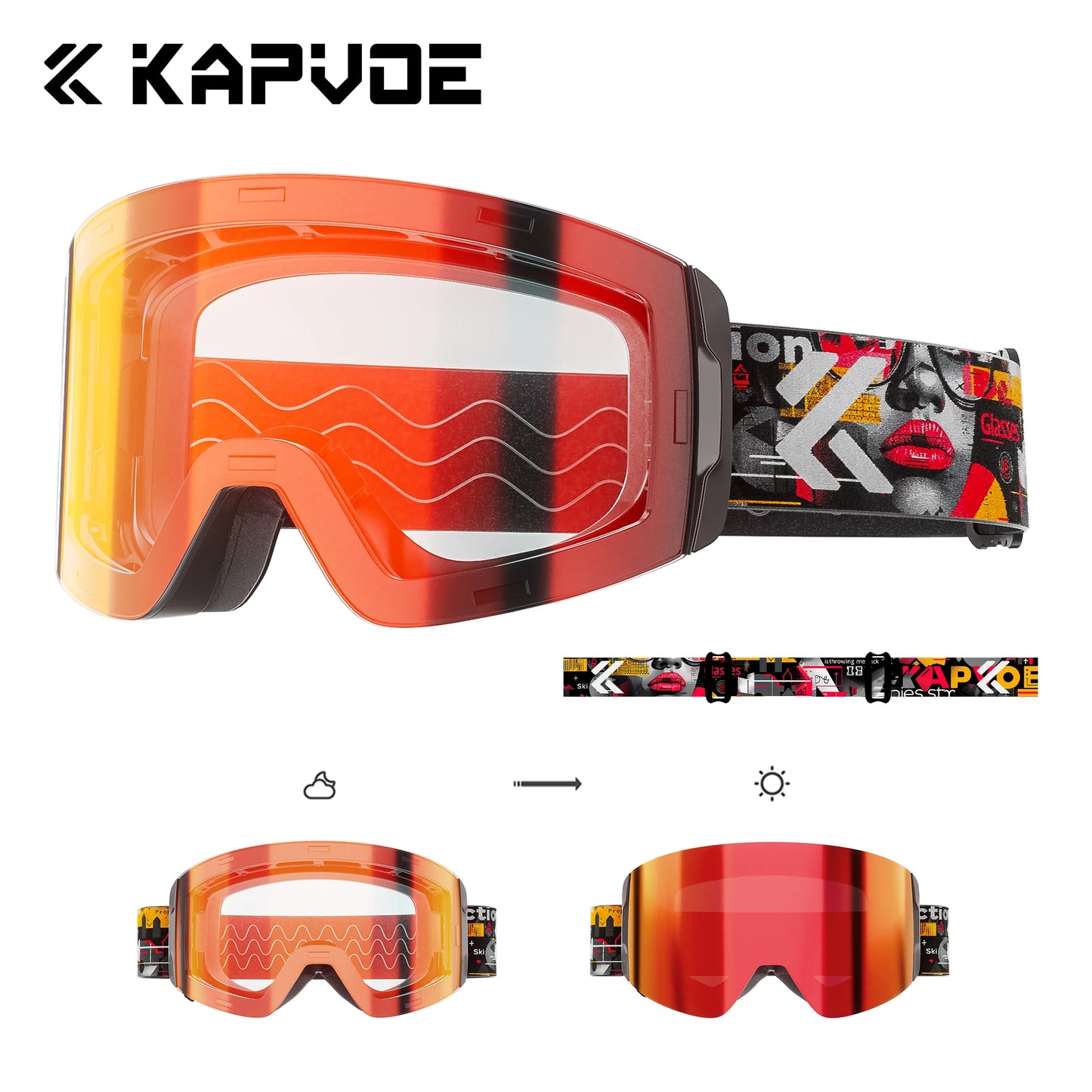 KAPVOE New Photochromic Ski Goggles Snowboard OTG Snow Glasses Magnetic Lens Men Women UV400 Double Layers Lens Anti Fog Skating