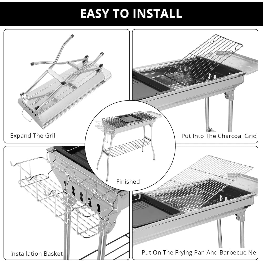 Stainless Steel Foldable Charcoal Barbecue Grill, Portable for Outdoor Camping Hiking Picnic Tailgating, Silver 39.3"x12.2"x27.9