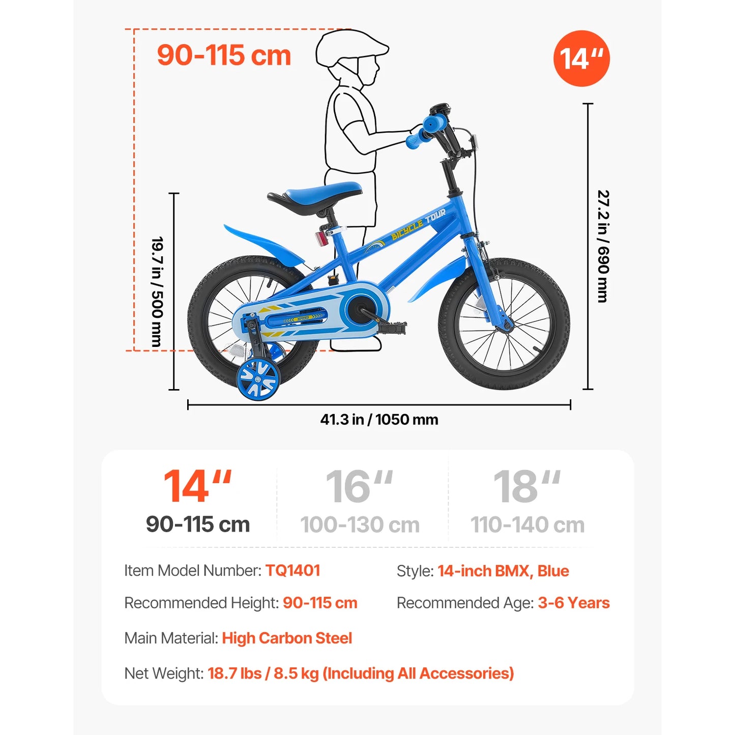 SucceBuy 14/16/18in Kids Bike BMX Style Children Bicycle with Training Wheels Toddler Bike for Boys & Girls Learning to Ride