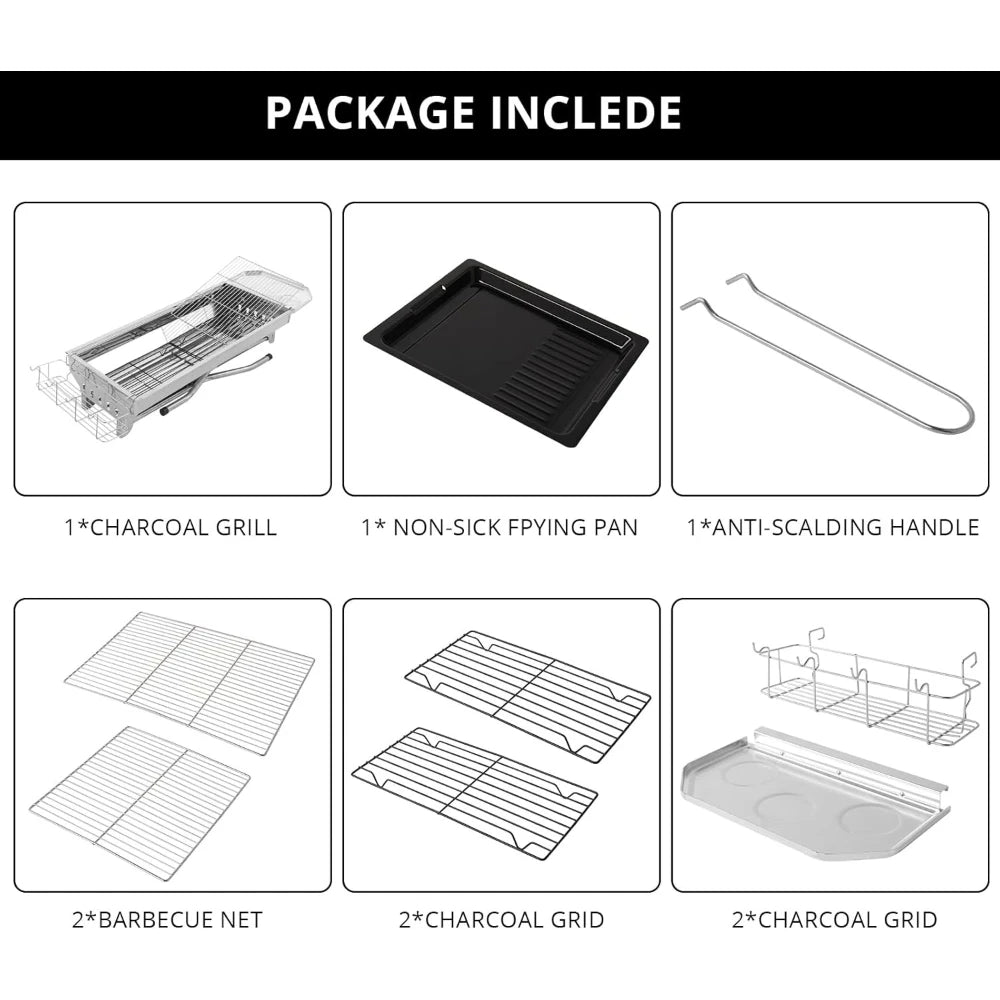 Stainless Steel Foldable Charcoal Barbecue Grill, Portable for Outdoor Camping Hiking Picnic Tailgating, Silver 39.3"x12.2"x27.9
