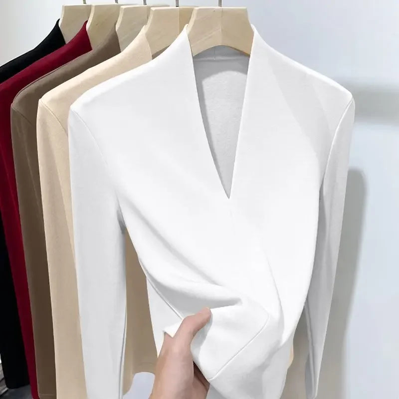 Autumn Winter New Long Sleeve T-Shirts Women Solid V-Neck Plus Velvet Thicken Warm Fashion Slim Pullovers Bottoming Shirt Tops