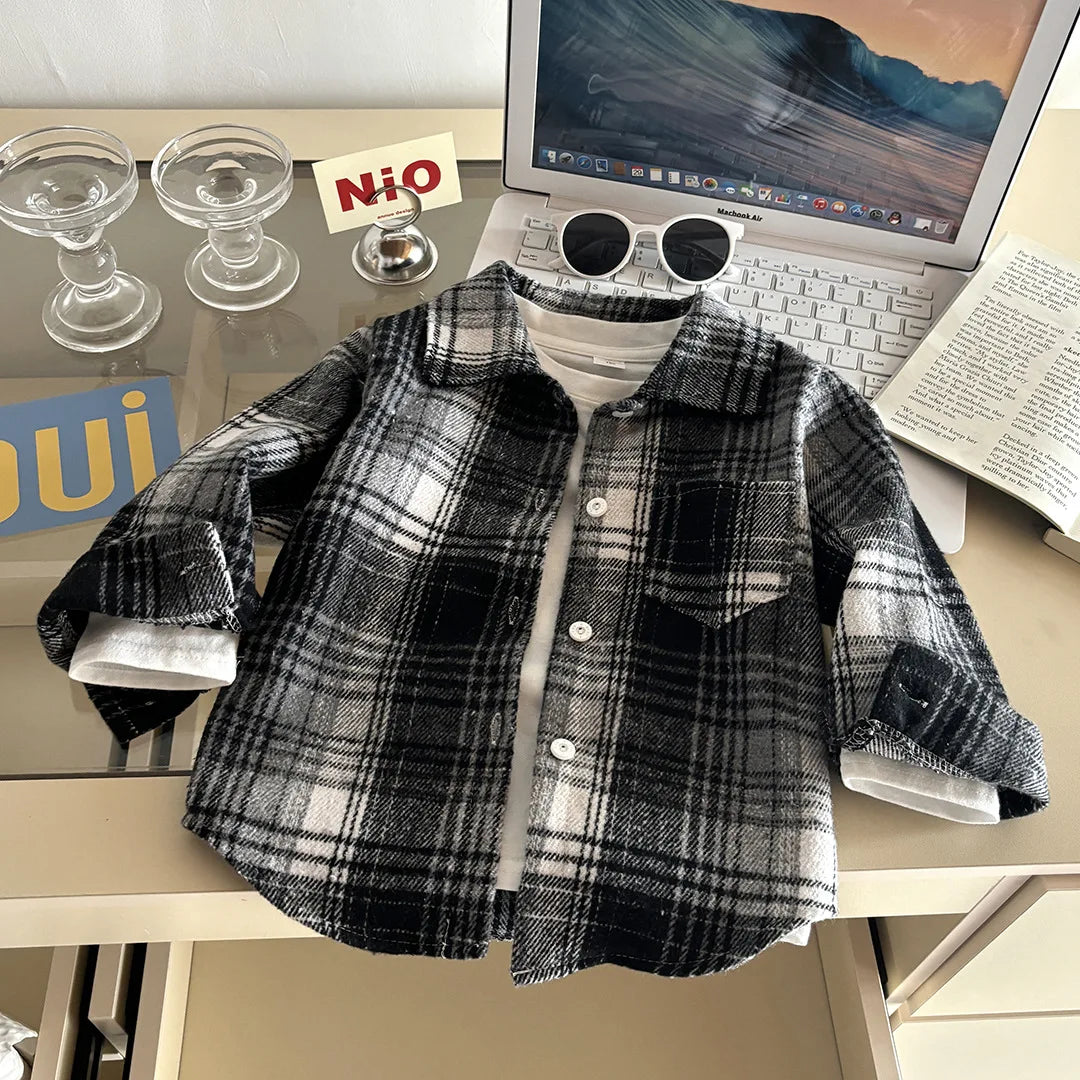 2025 New Autumn Kids Plaid Shirt Long Sleeve Retro Lapel Cardigan Jacket Casual Tops Fashion Outerwear for Boys and Girls