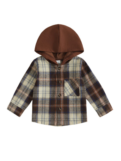 Cute Baby Boy Girl Plaid Hooded Shirt with Pockets and Button-up Design Long Sleeve Fall Tops for Casual Toddler Outfits