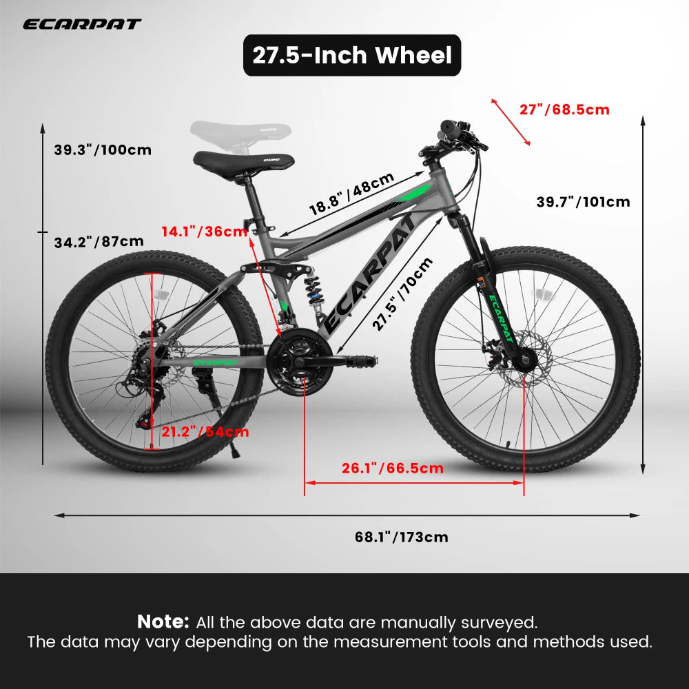 27.5 Inch Full Suspension Mountain Bike, Front and Rear Dual Shock Absorbers 21-Speed, Ideal for Travel and Fitness Enthusiasts