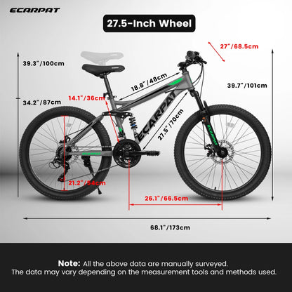 27.5 Inch Full Suspension Mountain Bike, Front and Rear Dual Shock Absorbers 21-Speed, Ideal for Travel and Fitness Enthusiasts