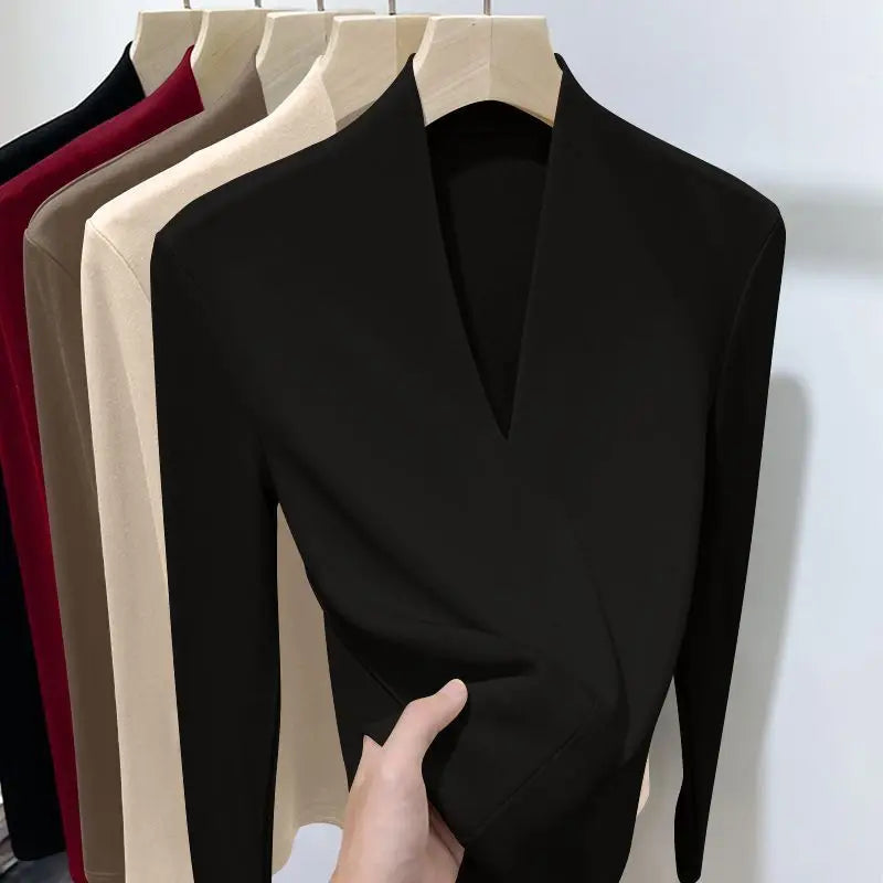 Autumn Winter New Long Sleeve T-Shirts Women Solid V-Neck Plus Velvet Thicken Warm Fashion Slim Pullovers Bottoming Shirt Tops