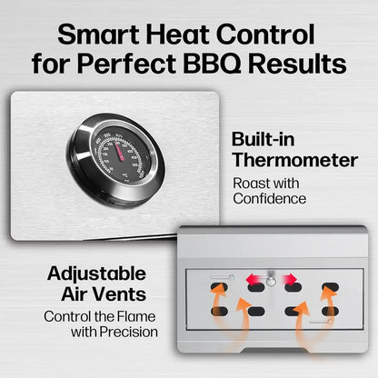 Stainless Steel Charcoal BBQ Grill with Insulated Hood, Temperature Gauge, and Ash Tray for Family Gatherings and Camping