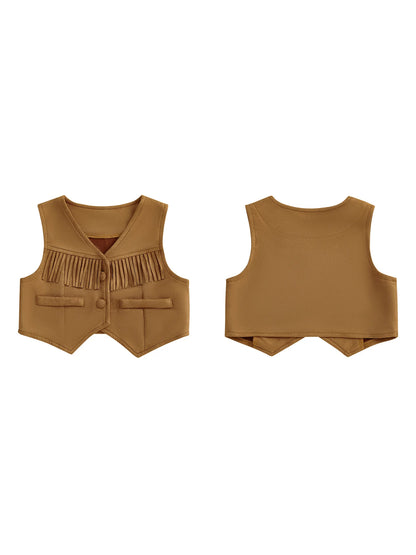 Kids Faux Leather Fringe Vest Vintage Style Sleeveless Jacket Button Front Western Cowgirls Waistcoat V-Neck Toddler Boys Girls