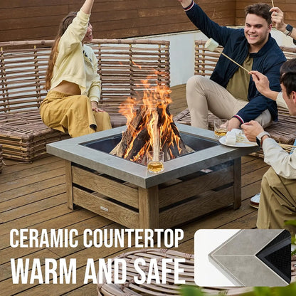 Firepits for Outside，Wood Burning Fire Pit with Wood-Grain Side Panels,Firepit for Outside with Mesh Cover & Fire, Customized