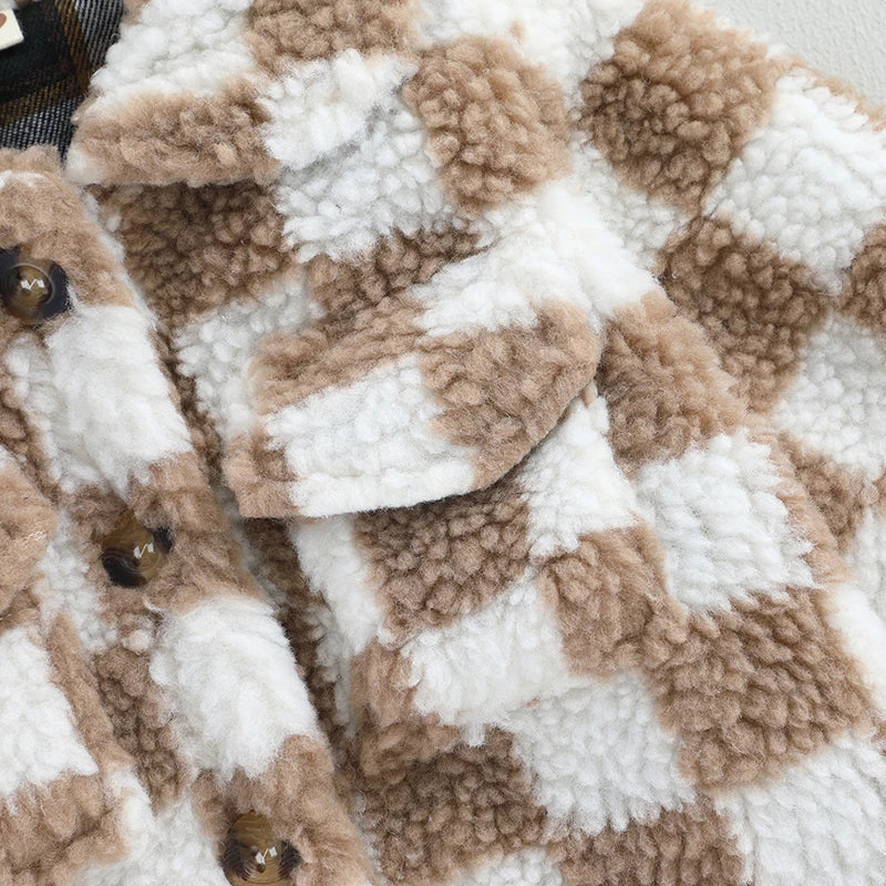 Girls Plaid Fleece Coat with Turn-Down Collar and Button Closure Long Sleeve Sherpa Jacket for Winter Warmth Toddler Kids