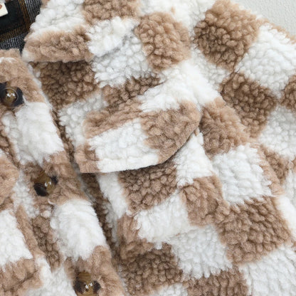 Girls Plaid Fleece Coat with Turn-Down Collar and Button Closure Long Sleeve Sherpa Jacket for Winter Warmth Toddler Kids