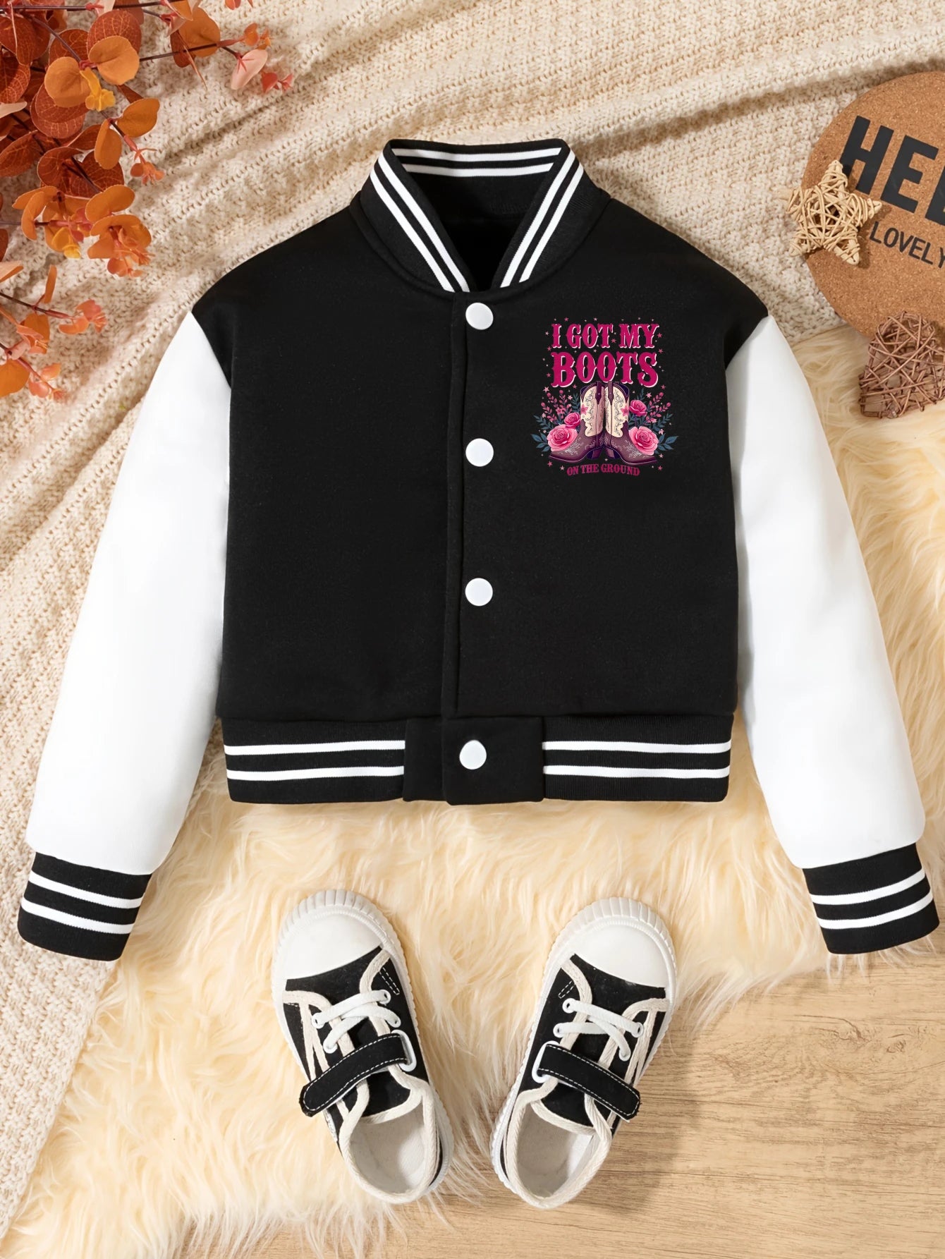1PCS Autumn Winter Tween Girls Clothes  Boots On The Grounds Double Sided Print Short Cropped School Style Girl Baseball Jacket