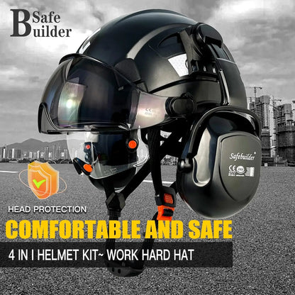 Industrial Safety Helmet with Visor and Ear Muffs, Vented Hard Hat for Construction Work Head Protection ANSI Compliant