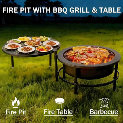 Fire Pits for Outside Wood Burning, Large Outdoor Fire Pit Stove with Roating Table and BBQ Grill, Cold Finished, Customized