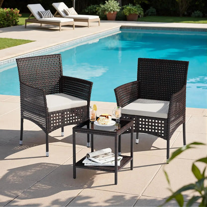 Outdoor 3 Piece Patio Furniture Set Wicker Chairs with Glass-top Coffee Table for Garden, Balcony, and Porch (Brown), Customized