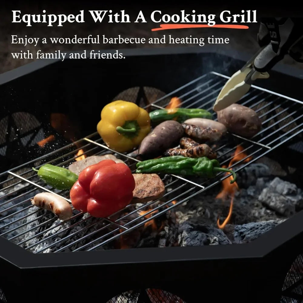 35 Inch Octagonal Fire Pit with Cooking Grill,Outdoor Wood Burning Fire Pit for Camping Outside Picnic Bonfire,Customized