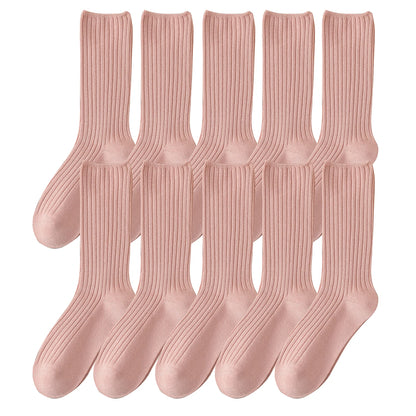 10Pairs Retro Women Cotton Loose Socks Autumn Winter Knitting Solid Color Long Black Pink Student Girls Sock US5-9