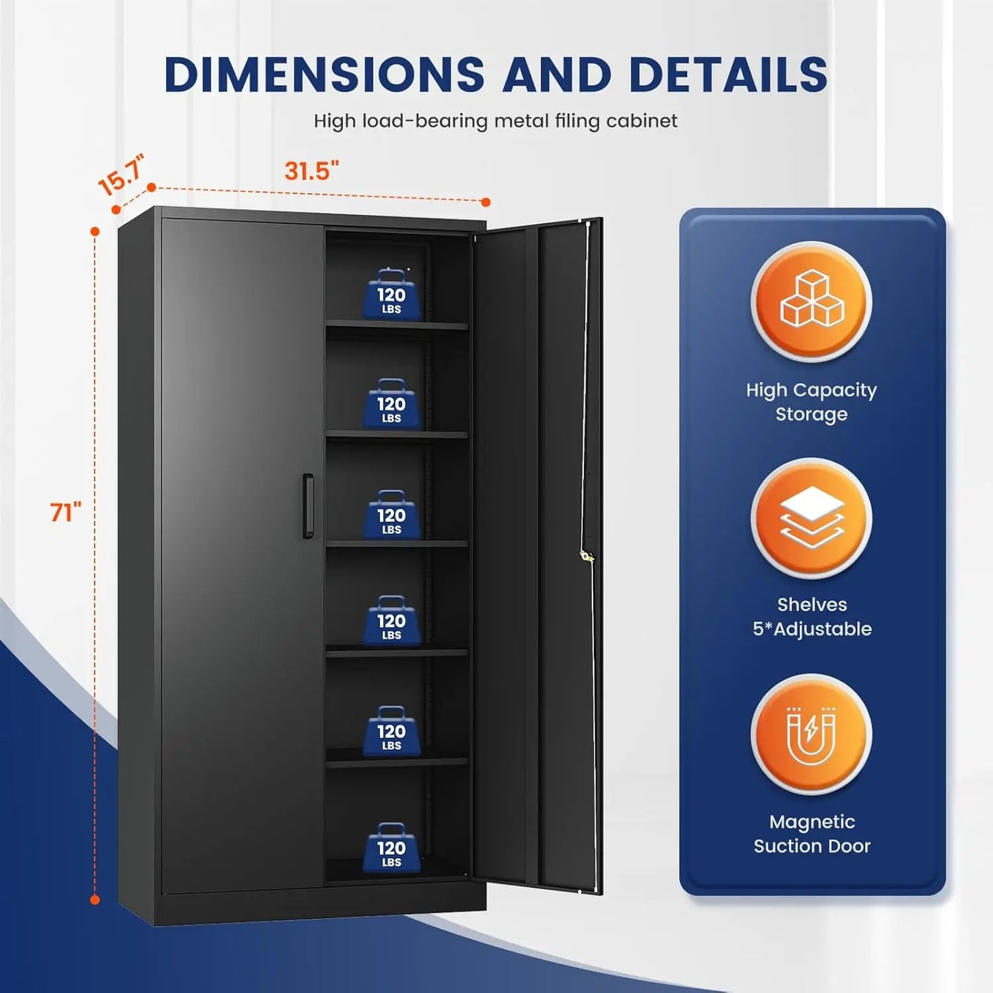 Metal Garage Storage Cabinet with 2 Doors and 5 Adjustable Shelves - 71" Steel Lockable File Cabinet, Customized