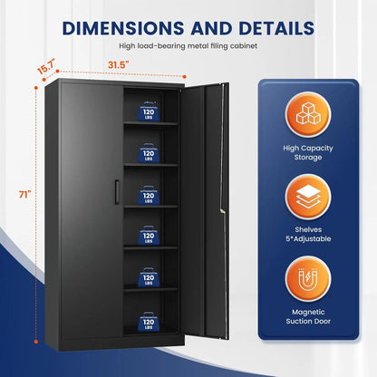 Metal Garage Storage Cabinet with 2 Doors and 5 Adjustable Shelves - 71" Steel Lockable File Cabinet, Customized