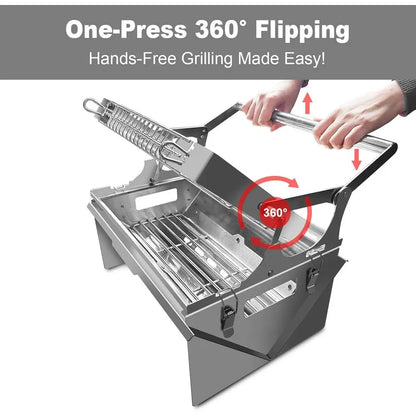 Portable 360-Degree Rotating Charcoal Grill with Lipped Basket - 304 Stainless Steel Smoker for Camping and Outdoor Adventures,