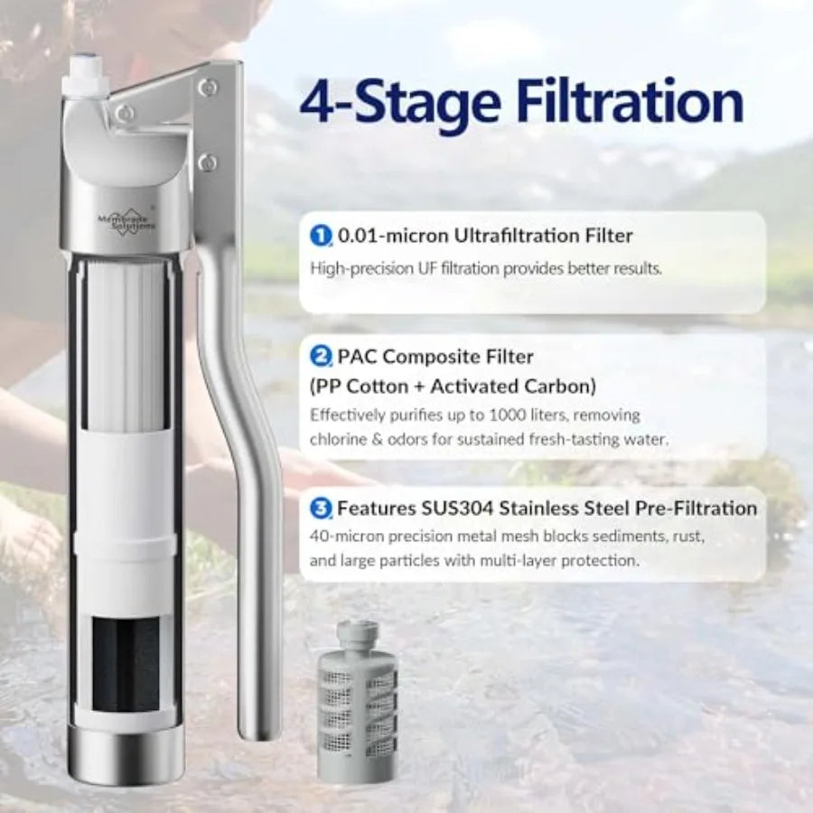 Portable Stainless Steel UF Water Filter P1 0.01-Micron high Precision Detachable Hand Pump Filter System Survival Gear for Hik