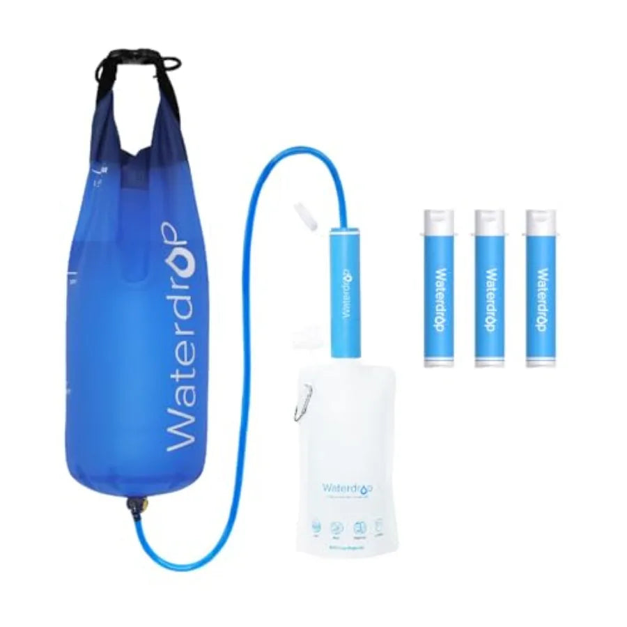 Water Filter Straw 4 Pack with Gravity Water Bag Gravity Water Filtration System Water Purifier Survival for Travel Backpacking