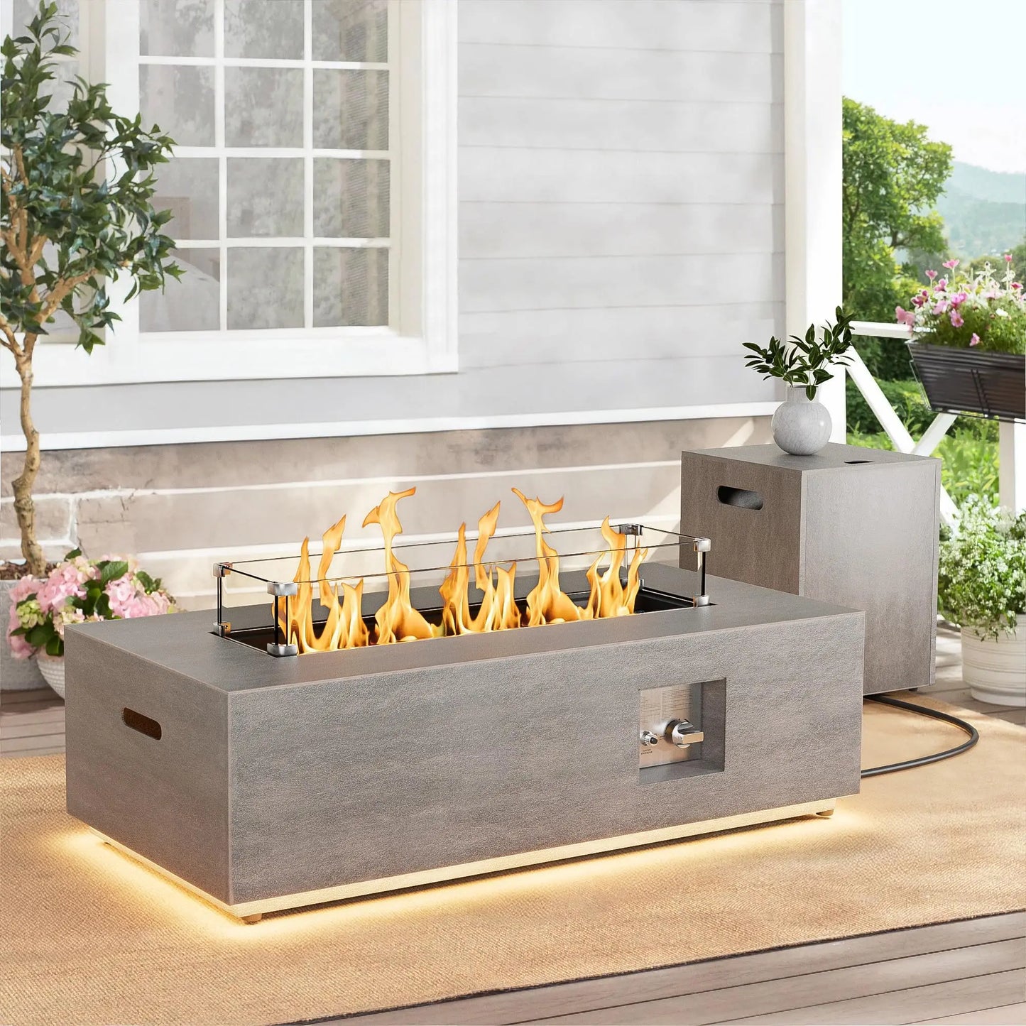 2-Piece Outdoor Propane Fire Pit Table Set,42'' Rectangular Fire Pits for Outside Patio Table Fire Pit w LED, 50,000 BTU