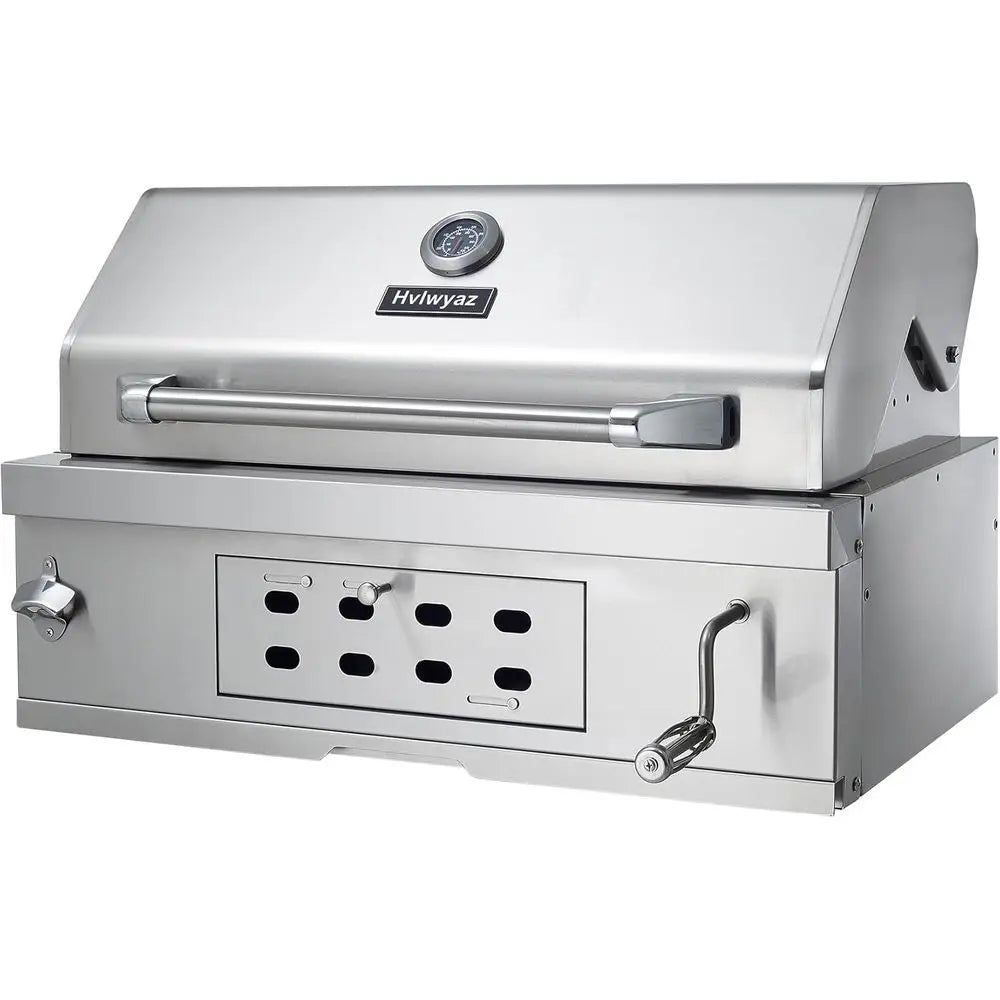 Stainless Steel Charcoal BBQ Grill with Insulated Hood, Temperature Gauge, and Ash Tray for Family Gatherings and Camping