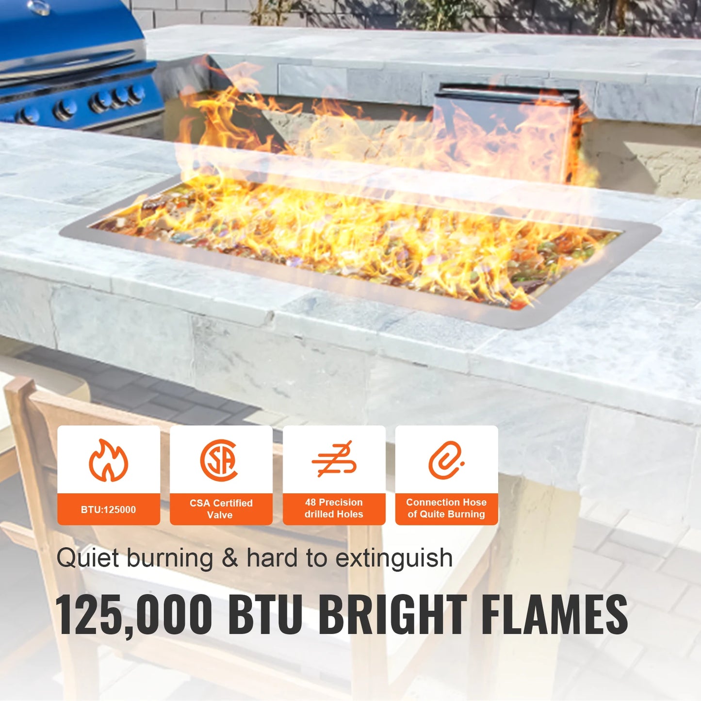 VEVOR 30 x 10 in Drop-in Fire Pit Pan Rectangular Stainless Steel Fire Pit Burner Kit Natural & Propane Gas Fire Pan 125000 BTU