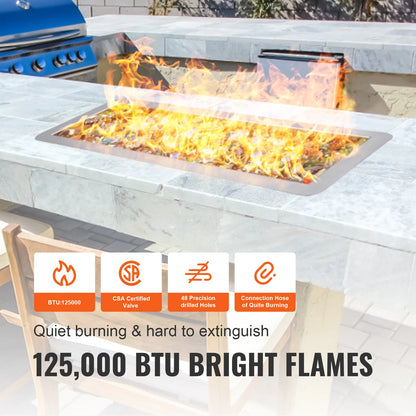 VEVOR 30 x 10 in Drop-in Fire Pit Pan Rectangular Stainless Steel Fire Pit Burner Kit Natural & Propane Gas Fire Pan 125000 BTU