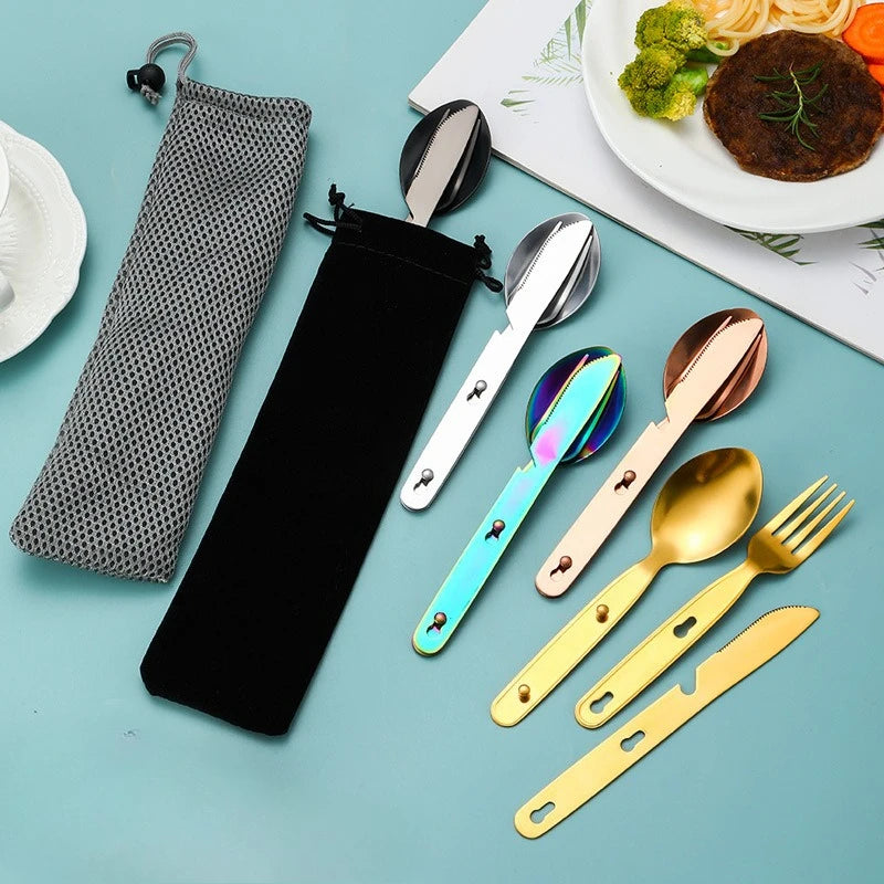Stainless Steel Folding Camping Cutlery Set Compact Durable for Camping Hiking Picnics BBQs Essential Travel Kit
