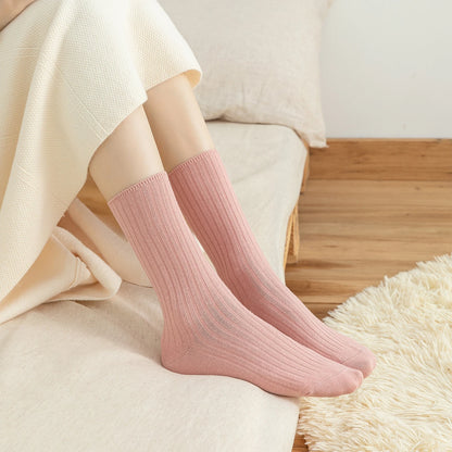 10Pairs Retro Women Cotton Loose Socks Autumn Winter Knitting Solid Color Long Black Pink Student Girls Sock US5-9